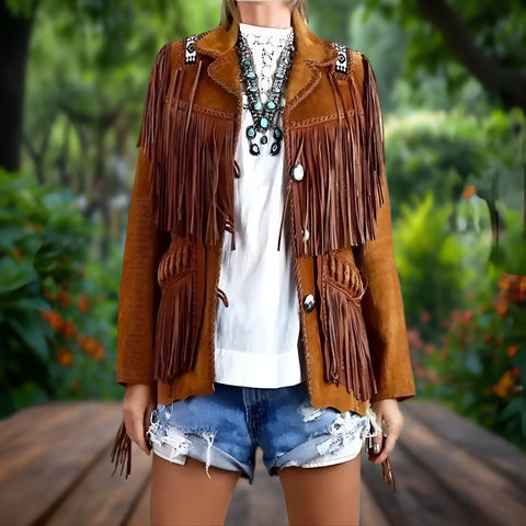 Women's Suede Fringe Jacket Western Style – Handmade Boho Cowgirl Coat with Braided Details and Silver Conchos