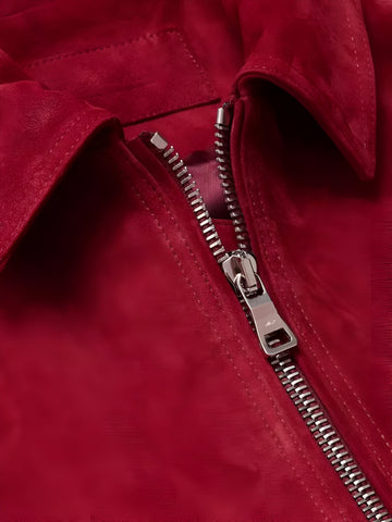 Mens Red Suede Leather Jacket Classic Zip Front Casual Bomber Coat