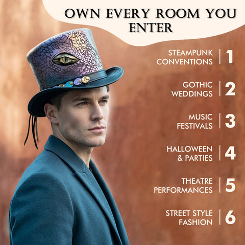 Dragon Eye Steampunk Top Hat - Leather Gothic Mad Hatter Cap with Iridescent Scales for Cosplay & Festivals
