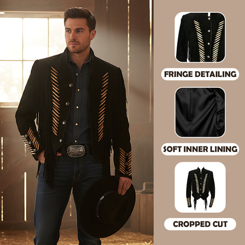 Mens Black Suede Fringe Jacket Western Cropped Beaded Cowboy Concho Coat Rodeo