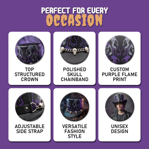 Gothic Leather Top Hat – Ghost Skull Print, Purple Flames, And Silver Skull Chainband For Biker, Rock, And Steampunk Style