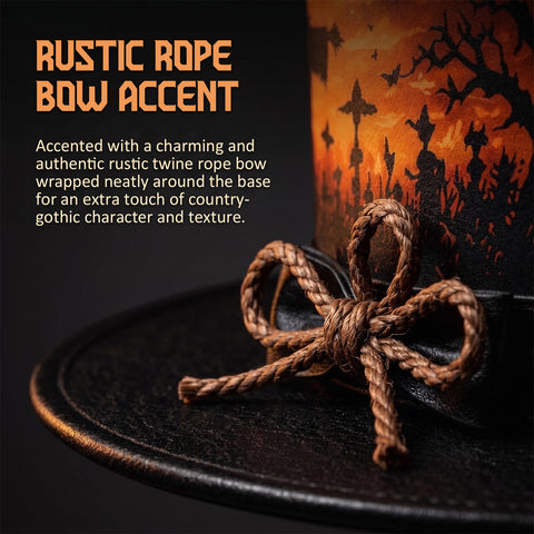 Halloween Scarecrow Leather Top Hat – Spooky Graveyard, Sunset Orange Sky, And Bats Costume With Rope Bow