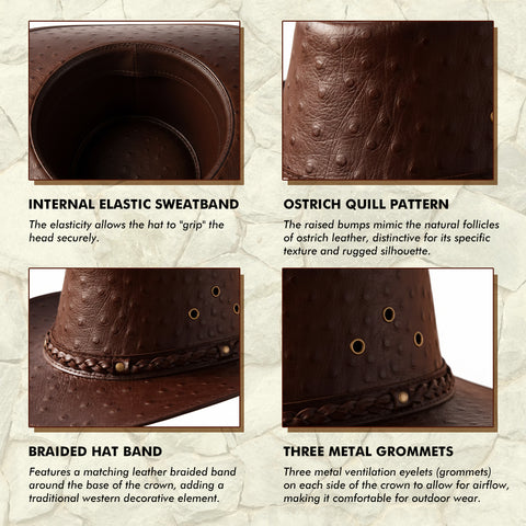 Brown Ostrich Embossed Leather Cowboy Hat Western Outback Wide Brim Braided Band Rodeo Ranch Hat
