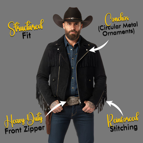 Mens Suede Biker Fringe Jacket Western Moto Asymmetrical Zipper Concho Belt