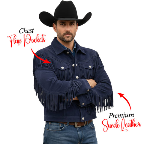Mens Suede Fringe Jacket Western Cowboy Trucker Style Cropped Fit Snap Button Coat