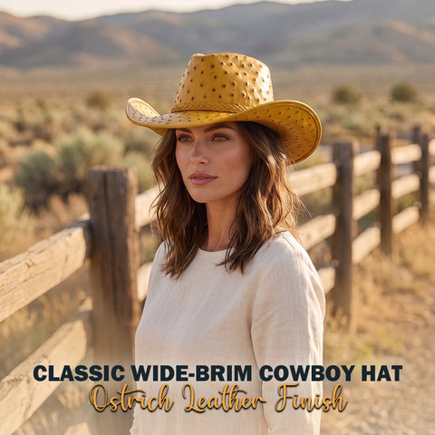 Mustard Yellow Ostrich Embossed Leather Cowboy Hat - Western Rodeo Wide Brim Hat