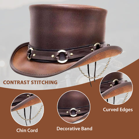 Handmade Steampunk Leather Top Hat – Victorian Biker Style with Decorative Band