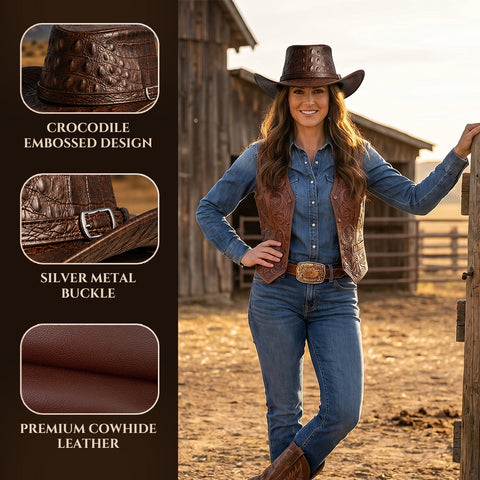 Premium Crocodile Embossed Leather Cowboy Hat - Unisex Retro Western Style