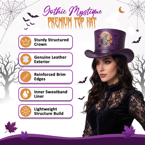 Purple Halloween Leather Top Hat – Spooky Flying Witch, Full Moon, And Bats Design For Costumes, Cosplay, And Party Apparel