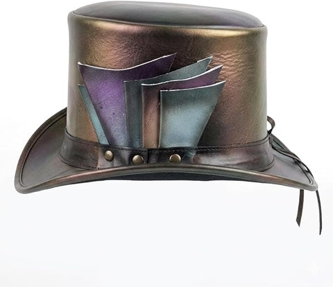 Handcrafted Dragon Eye Leather Top Hat – Iridescent Purple & Teal Steampunk Hat with 3D Scales & Mad Hatter Brim
