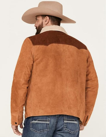 Mens Two Tone Suede Rancher Jacket Sherpa Lined Western Snap Coat Brown