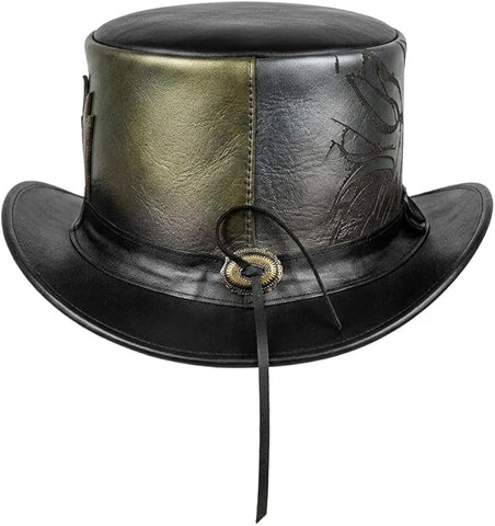 Handcrafted Dragon Eye Leather Top Hat – Iridescent Purple & Teal Steampunk Hat with 3D Scales & Mad Hatter Brim