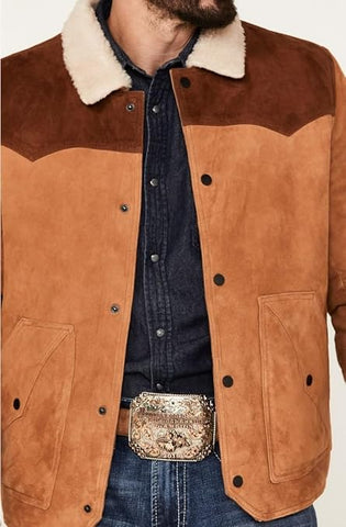 Mens Two Tone Suede Rancher Jacket Sherpa Lined Western Snap Coat Brown