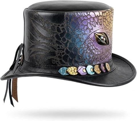 Handcrafted Dragon Eye Leather Top Hat – Iridescent Purple & Teal Steampunk Hat with 3D Scales & Mad Hatter Brim