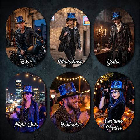 Black Leather Top Hat Blue Flame Skull Steampunk Gothic Biker Festival Hat