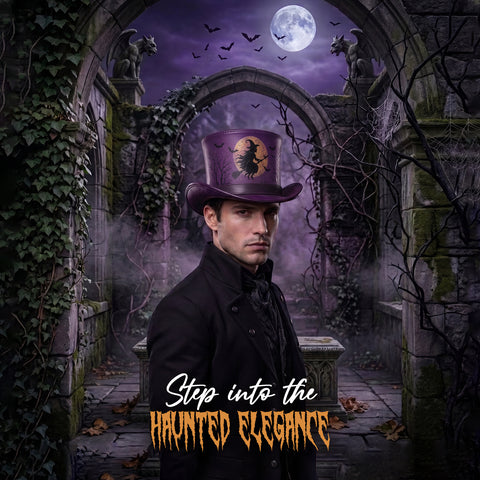 Purple Halloween Leather Top Hat – Spooky Flying Witch, Full Moon, And Bats Design For Costumes, Cosplay, And Party Apparel