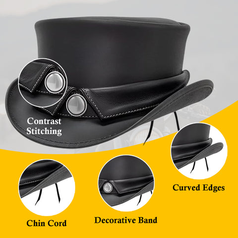 Handcrafted Black Leather Top Hat Cowhide Steampunk Western Costume Festival Cosplay Hat