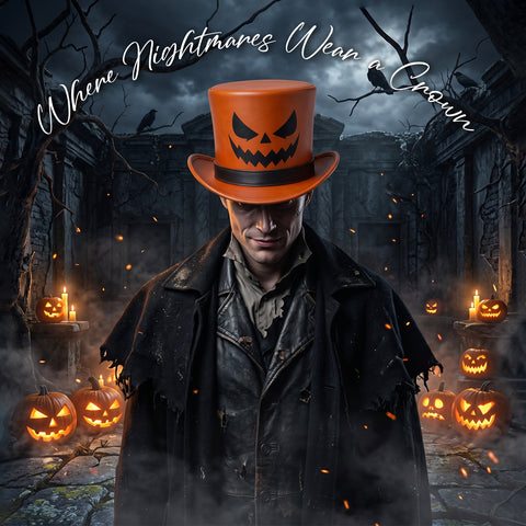 Orange Halloween Leather Top Hat – Spooky Jack O'Lantern Pumpkin Face Design For Costumes, Cosplay, And Party Apparel