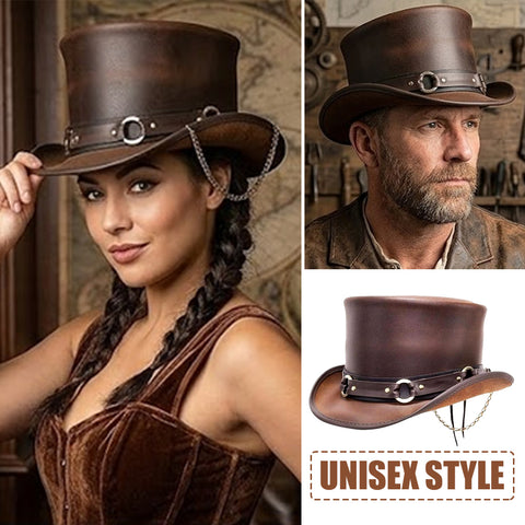 Handmade Steampunk Leather Top Hat – Victorian Biker Style with Decorative Band