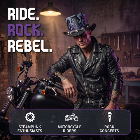 Gothic Leather Top Hat – Ghost Skull Print, Purple Flames, And Silver Skull Chainband For Biker, Rock, And Steampunk Style