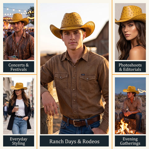 Mustard Yellow Ostrich Embossed Leather Cowboy Hat - Western Rodeo Wide Brim Hat