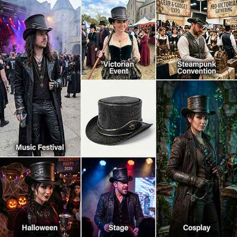 Premium Crocodile Embossed Leather Top Hat  Reptile Eye Steampunk Gothic Hat Unisex