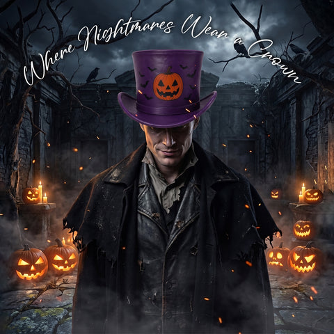 Purple Halloween Leather Top Hat – Spooky Pumpkin And Bats Design For Costumes, Cosplay, And Party Apparel