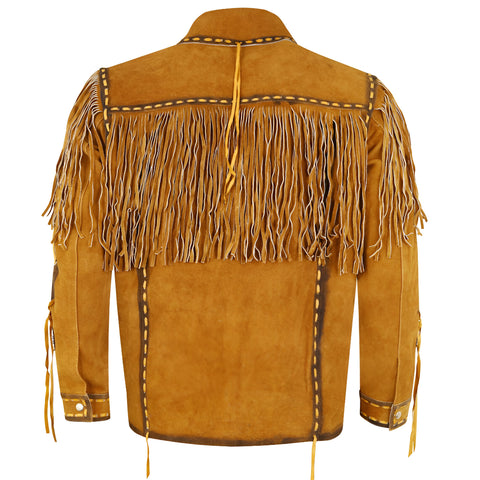 Men’s Western Suede Fringe Jacket – Cowboy Leather Shirt with Studs, Tassels &amp; Lace-Up Front | Vintage Style Western Wear