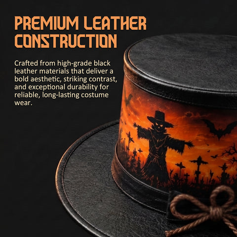 Halloween Scarecrow Leather Top Hat – Spooky Graveyard, Sunset Orange Sky, And Bats Costume With Rope Bow