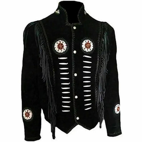 Black Western Fringe Jacket  Native American Style Suede Coat  Cowboy Rodeo Jacket for Men