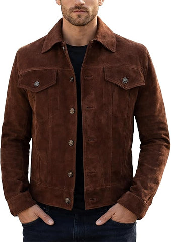 Men's Genuine Suede Leather Trucker Jacket | Tan Western Shirt Style Outerwear