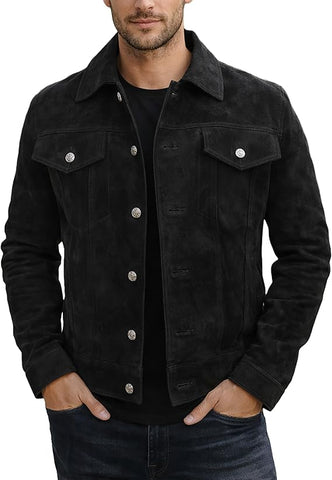 Men's Genuine Suede Leather Trucker Jacket | Tan Western Shirt Style Outerwear
