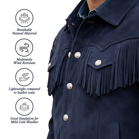 Mens Suede Fringe Jacket Western Cowboy Trucker Style Cropped Fit Snap Button Coat
