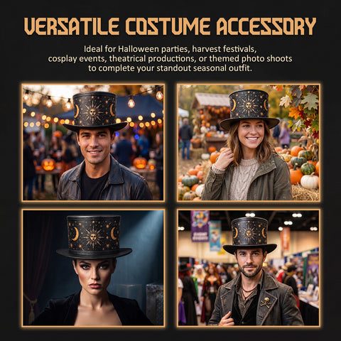 Celestial Sun and Moon Leather Top Hat - Steampunk Gothic Costume Hat