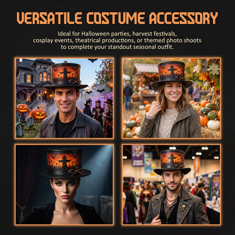 Halloween Scarecrow Leather Top Hat – Spooky Graveyard, Sunset Orange Sky, And Bats Costume With Rope Bow
