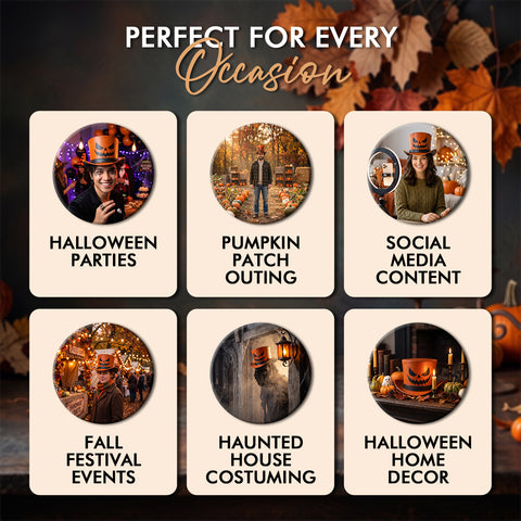 Orange Halloween Leather Top Hat – Spooky Jack O'Lantern Pumpkin Face Design For Costumes, Cosplay, And Party Apparel