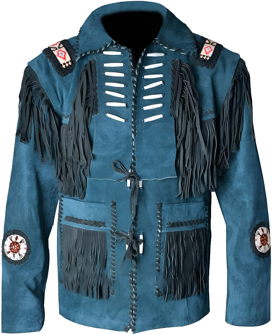Men’s Blue Suede Fringe Jacket – Western Cowboy Leather Coat with Beads &amp; Tassels | Handmade Native Style Festival Wear
