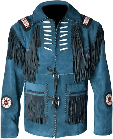 Men’s Blue Suede Fringe Jacket – Western Cowboy Leather Coat with Beads &amp; Tassels | Handmade Native Style Festival Wear