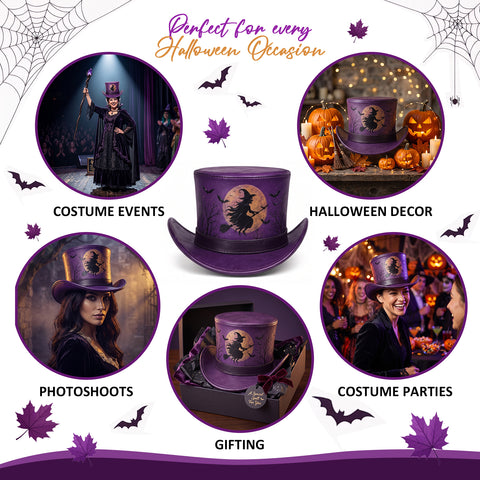 Purple Halloween Leather Top Hat – Spooky Flying Witch, Full Moon, And Bats Design For Costumes, Cosplay, And Party Apparel