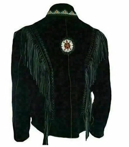 Black Western Fringe Jacket  Native American Style Suede Coat  Cowboy Rodeo Jacket for Men