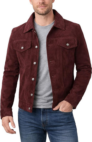 Men's Genuine Suede Leather Trucker Jacket | Tan Western Shirt Style Outerwear