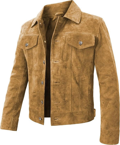 Men's Genuine Suede Leather Trucker Jacket | Tan Western Shirt Style Outerwear