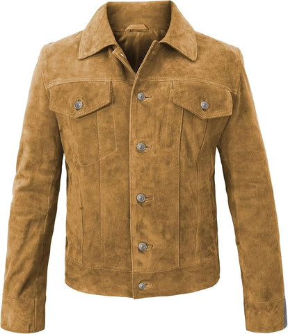 Men's Genuine Suede Leather Trucker Jacket | Tan Western Shirt Style Outerwear