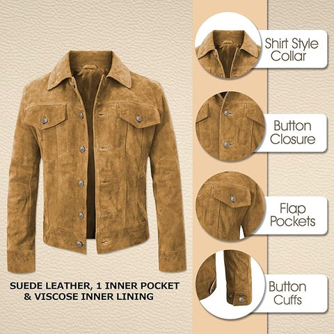 Men's Genuine Suede Leather Trucker Jacket | Tan Western Shirt Style Outerwear