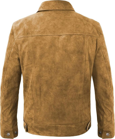 Men's Genuine Suede Leather Trucker Jacket | Tan Western Shirt Style Outerwear