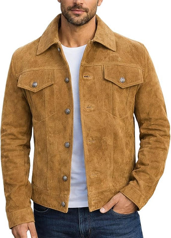 Men's Genuine Suede Leather Trucker Jacket | Tan Western Shirt Style Outerwear
