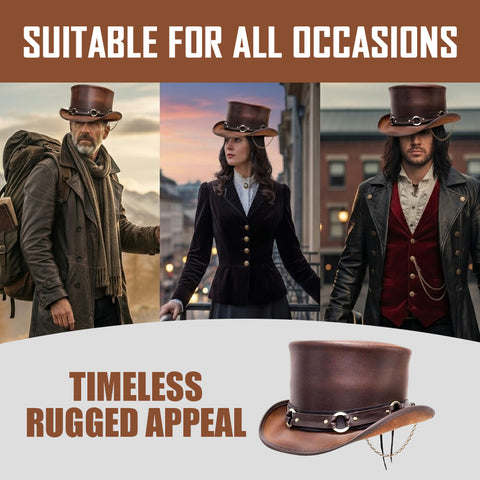 Handmade Steampunk Leather Top Hat – Victorian Biker Style with Decorative Band