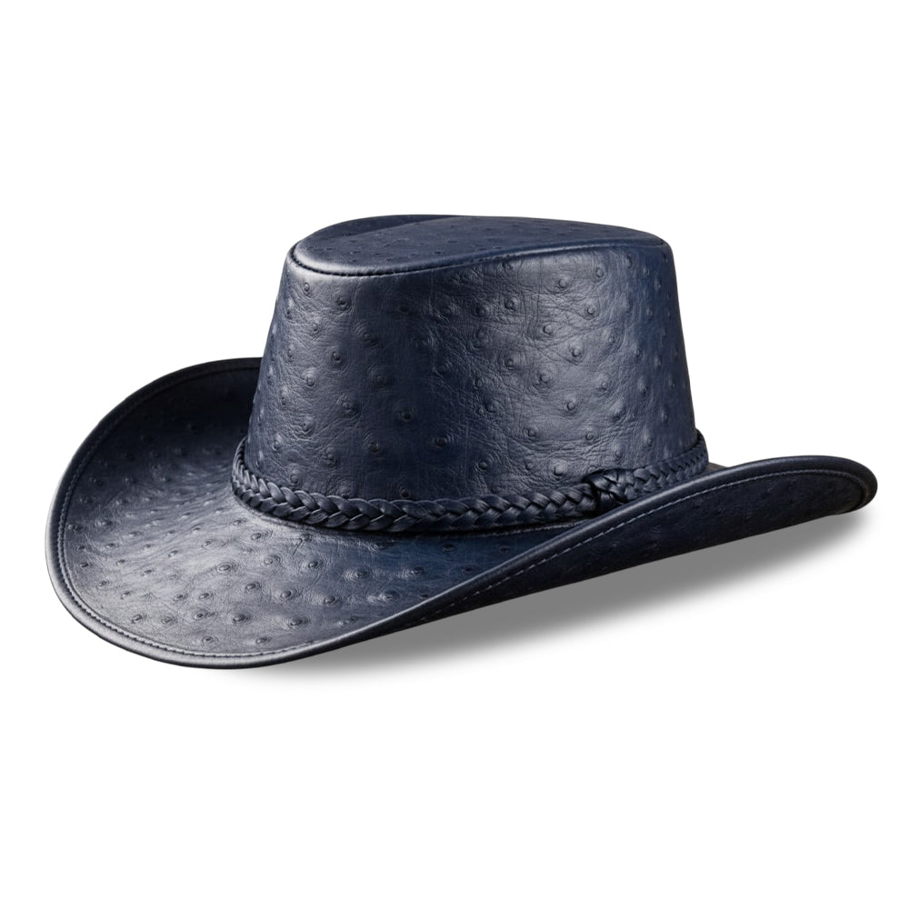 Blue Ostrich Embossed Leather Cowboy Hat Western Rodeo Ranch Wide Brim Country Festival Style Hat