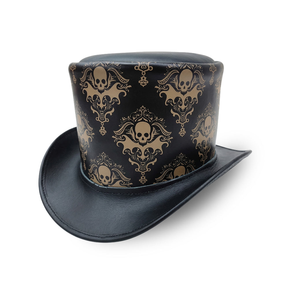 Mens Royal Skull Leather Top Hat Steampunk Gothic Engraved Damask Hat
