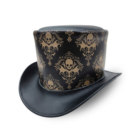 Mens Royal Skull Leather Top Hat Steampunk Gothic Engraved Damask Hat